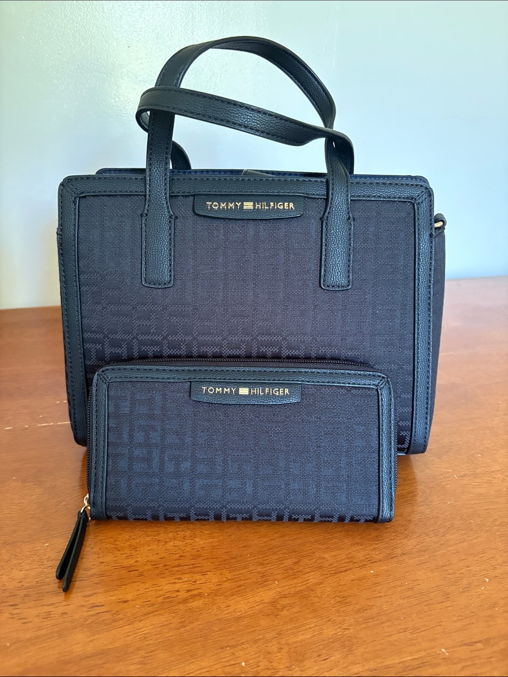 Tommy Hilfiger Black Monogram Satchel with Matching Wallet